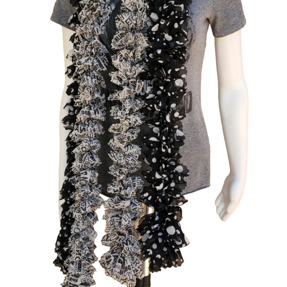 Vintage Handmade Chiffon Pom Pom Scarf Two Scarves Shreds Polka Dots US Cities